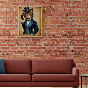 Póster Gracioso Gato De Steampunk Con Chaqueta Azul