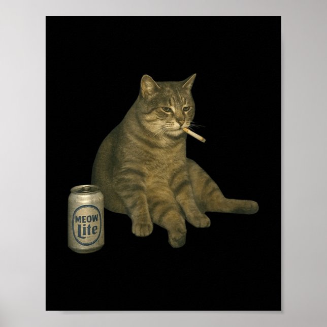 Póster Gracioso Gato Humo Meme Cigarrillo Gatito Beber B (Frente)