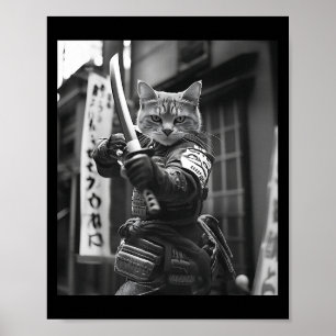 Póster Gracioso gato japonés samurai meme artes marciales