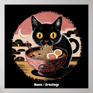 Póster Gracioso gato Kawaii comiendo fideos de Ramen lind
