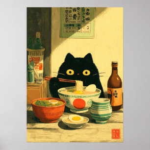Póster Gracioso gato negro comiendo Ramen