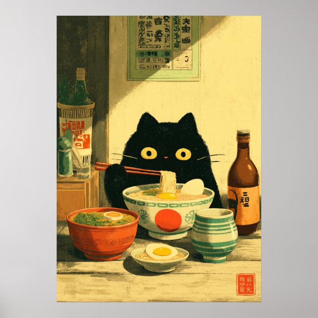 Póster Gracioso gato negro comiendo Ramen (Frente)