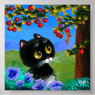 Póster Gracioso Gato Negro Mouse Cherries Creationarts