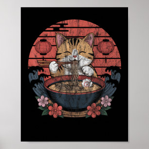 Póster Gracioso gato Ramen Tee japonés Kawaii Anime