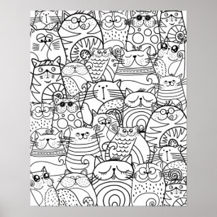 Póster Gracioso Gatos Cutos Zen Doodle Relajante Colores 