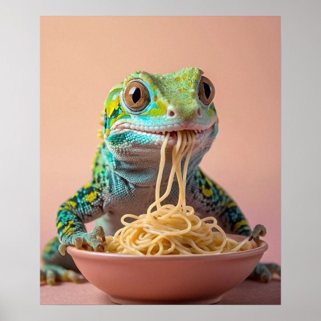 Póster Gracioso Gecko comiendo Spaghetti (Frente)