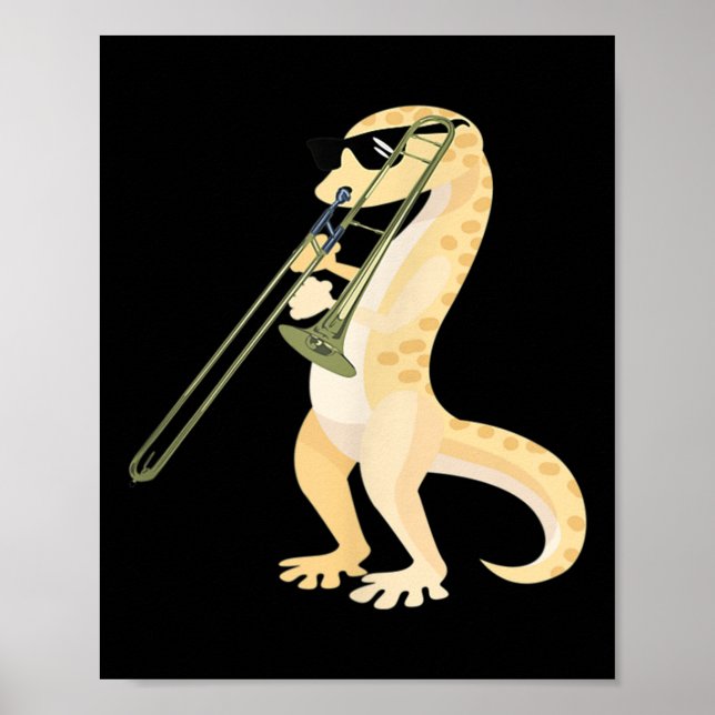 Póster Gracioso Gecko Usando Sungles Jugando Trombone Liz (Frente)