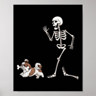 Póster Gracioso Halloween Shih Tzu Y Skeleton