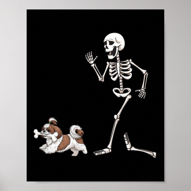 Póster Gracioso Halloween Shih Tzu Y Skeleton (Frente)
