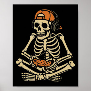 Póster Gracioso Halloween Skeleton Gamer Video Gaming Boy