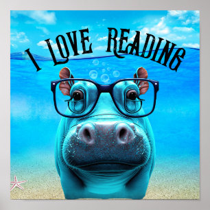 Póster Gracioso hipopótamo con Glasses I Love Leading Lib
