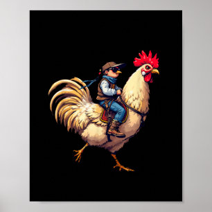 Póster Gracioso Jockey Pixel Montando Jockey De Pollo En 