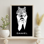 Póster Gracioso lobo hipster con negro esmoquin personali<br><div class="desc">Personalízalo con tu nombre o cualquier otro texto !</div>