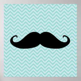 Póster Gracioso Mustache Negro Y Patrón De Chevron Azul