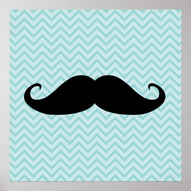 Póster Gracioso Mustache Negro Y Patrón De Chevron Azul (Frente)