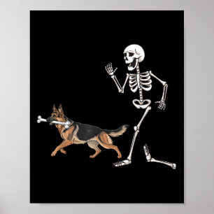 Póster Gracioso Pastor Alemán De Halloween Y Skeleton