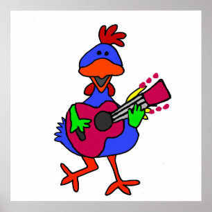 Póster Gracioso Pollo Azul Tocando Guitarra Púrpura