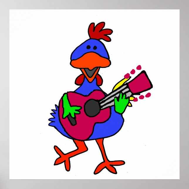 Póster Gracioso Pollo Azul Tocando Guitarra Púrpura (Frente)
