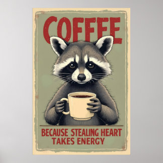 Póster Gracioso Raccoon Coffee Art