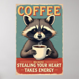 Póster Gracioso Raccoon Coffee Art