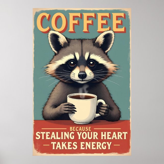 Póster Gracioso Raccoon Coffee Art (Frente)
