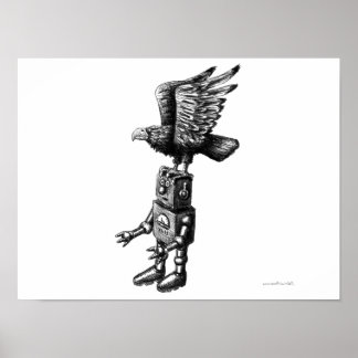 Póster Gracioso robot con lápiz de tinta con águila dibuj