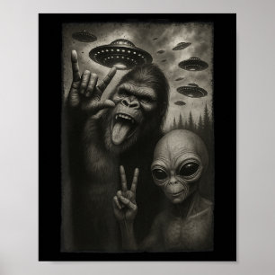 Póster Gracioso Selfie Bigfoot Alien Sasquatch Rock A Man
