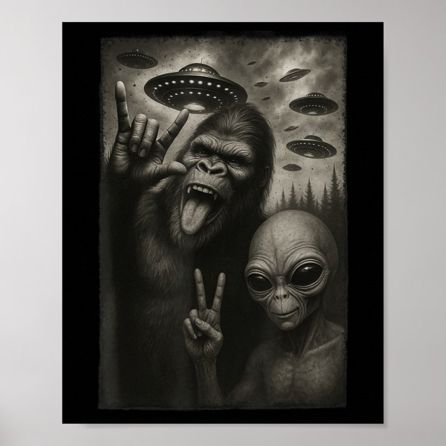 Póster Gracioso Selfie Bigfoot Alien Sasquatch Rock A Man (Frente)