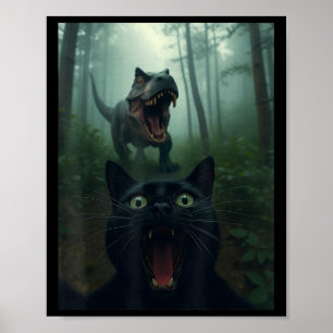 Póster Gracioso Selfie De Gato Negro Con Bosque De Dinosa