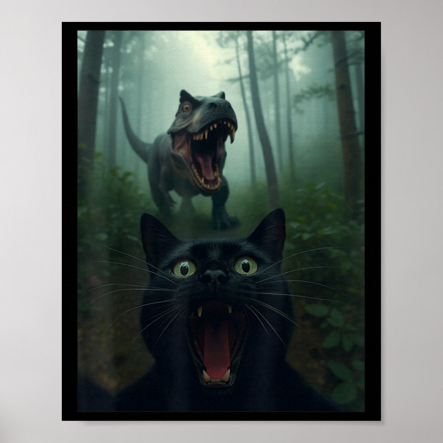 Póster Gracioso Selfie De Gato Negro Con Bosque De Dinosa (Frente)