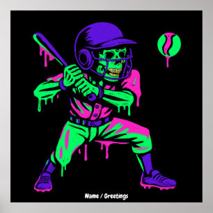 Póster Gracioso Skeleton Batting Ice Cream Driting Baseba