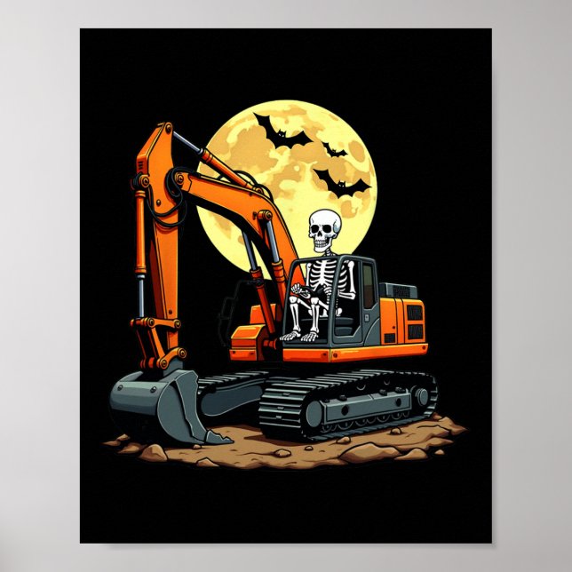 Póster Gracioso Skeleton Drin Excavator Halloween・ (Frente)