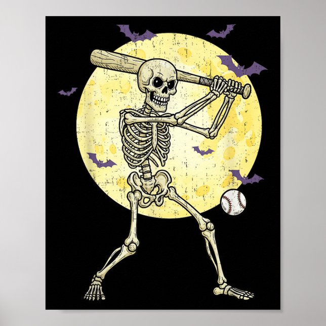 Póster Gracioso Skeleton Jugando Béisbol Divertido Hallow (Frente)