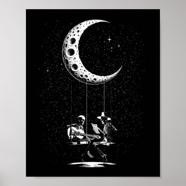 Póster Gracioso Skeleton Pareja Luna Tocando Guitarra Hal (Frente)