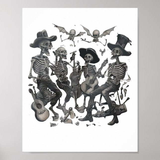 Póster Gracioso Skeleton Skull Bailando Canto Rock Ba (Frente)