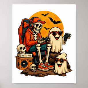 Póster Gracioso Skeleton Video Game Halloween Gaming Game