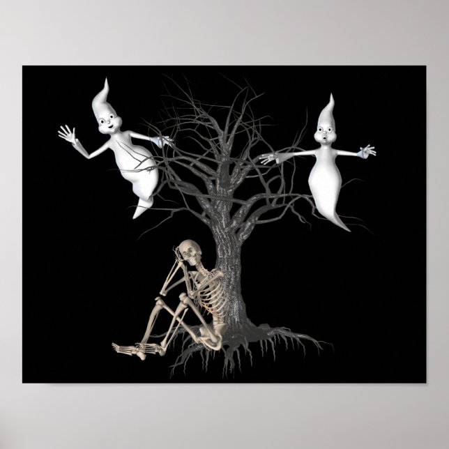 Póster Gracioso Skeleton Y Fantasma Halloween (Frente)