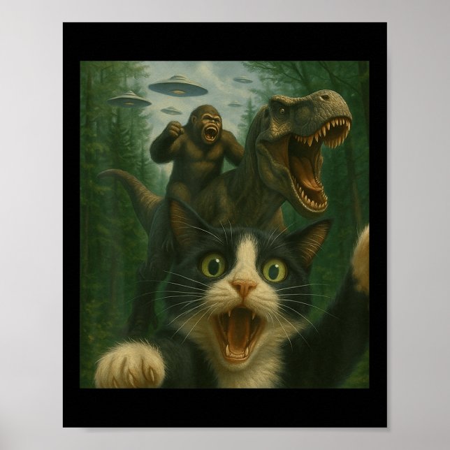 Póster Gracioso Sorprendido Gato Selfie T-rex Dinosaur B (Frente)