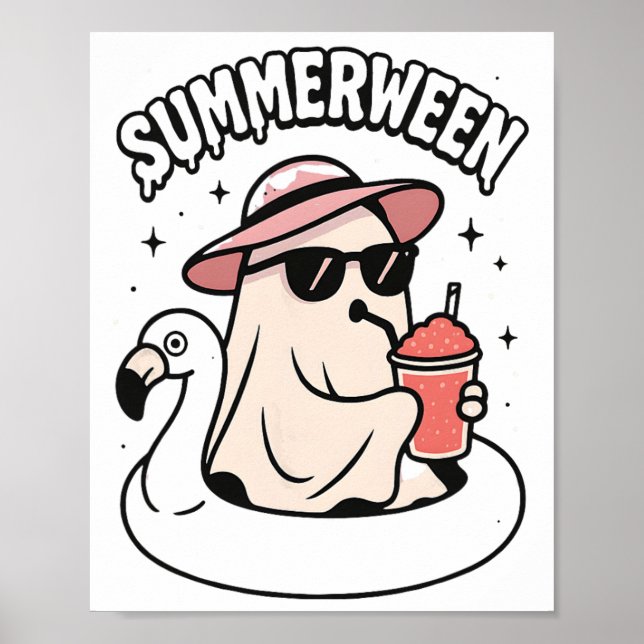 Póster Gracioso Summerween Ghost Pink Flotando En Flaming (Frente)