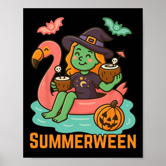 Póster Gracioso Summerween La Bruja Cuta Flotando En Flam (Frente)