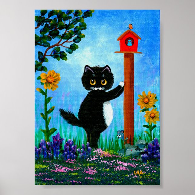 Póster Gracioso Tuxedo Cat Birhouse Mouse Creationarts (Frente)