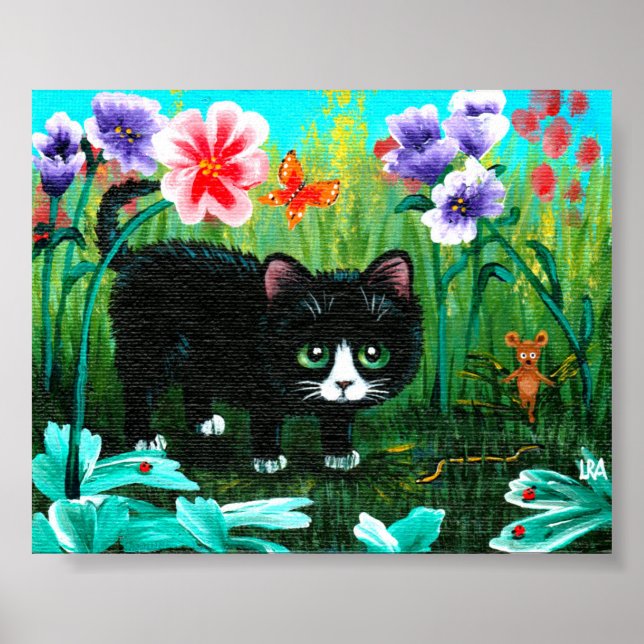 Póster Gracioso Tuxedo Negro Cat Mouse Creationarts (Frente)