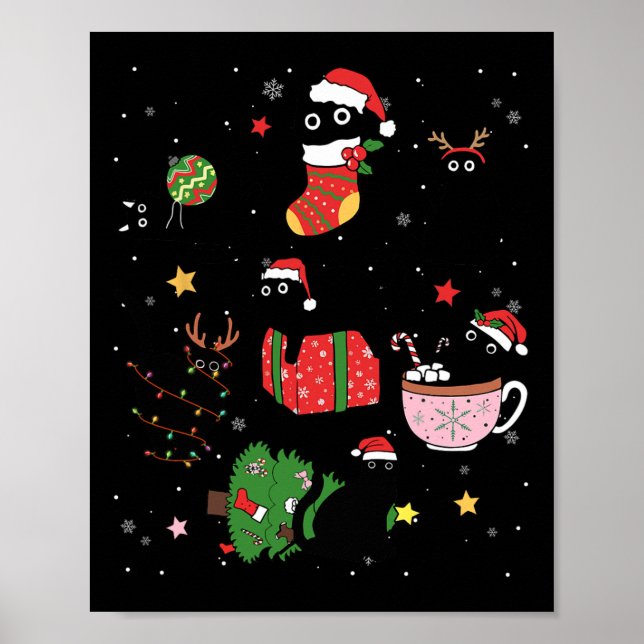 Póster Graciosos gatos negros Santa Hat Árbol de Navidad  (Frente)