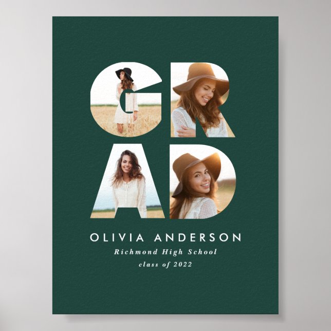 Póster Graduación 4 foto invitación moderna verde (Frente)