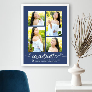Póster Graduación Azul Marinho 4 Script Fotos Corazones C