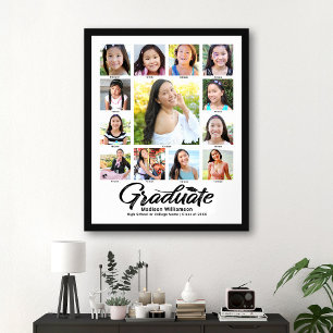 Póster Graduación blanca K-12 Collage de fotos guión negr