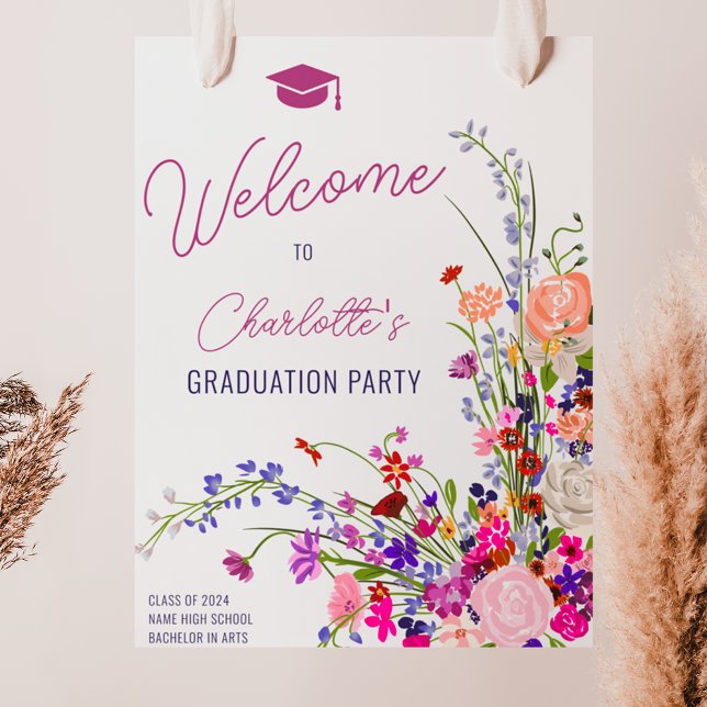 Póster Graduación de bienvenida de escritura de escritura (Modern chic wildflower script welcome graduation poster)