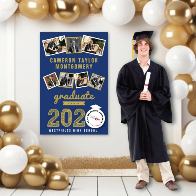 Póster Graduación de Collage de fotos de Gold Sketch Grad (20YY Navy Blue And Gold Sketch 7 Photo Modern Graduation Party Poster @ www.zazzle.com/color_therapy)