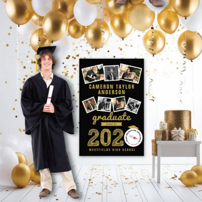 Póster Graduación de Collage de fotos de Gold Sketch Grad (20YY Black And Gold Sketch 7 Photo Modern Graduation Party Poster @ www.zazzle.com/color_therapy)