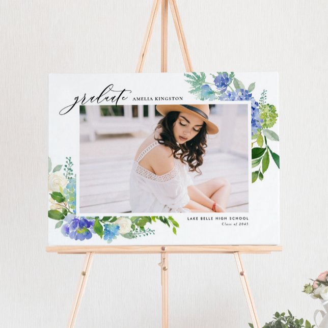 Póster Graduación de foto de marco de hidrangea azul acua (Watercolor Blue Hydrangea Frame Photo Graduation Poster)